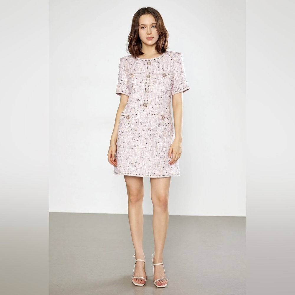 J.ING Librada Tweed Pink Button Short Sleeve Mini Dress